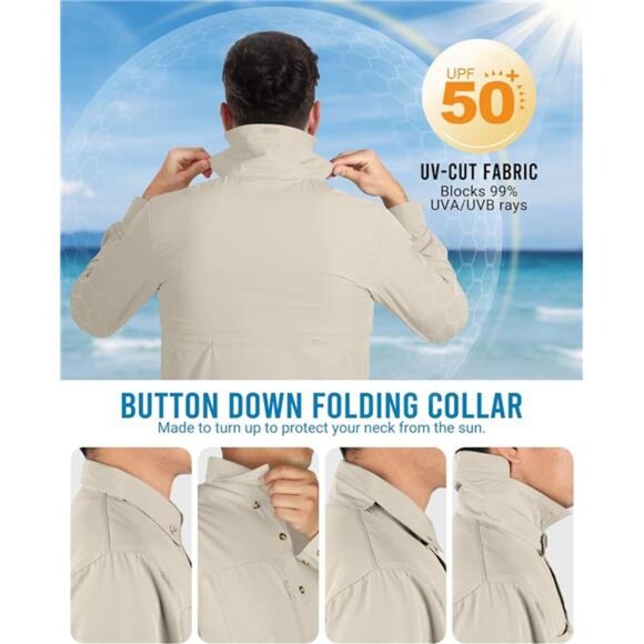 Men's Long Sleeve Hiking Shirt UPF 50 UV Sun Protection Shirt Cooling Quick Dry - Picture 4 of 6
